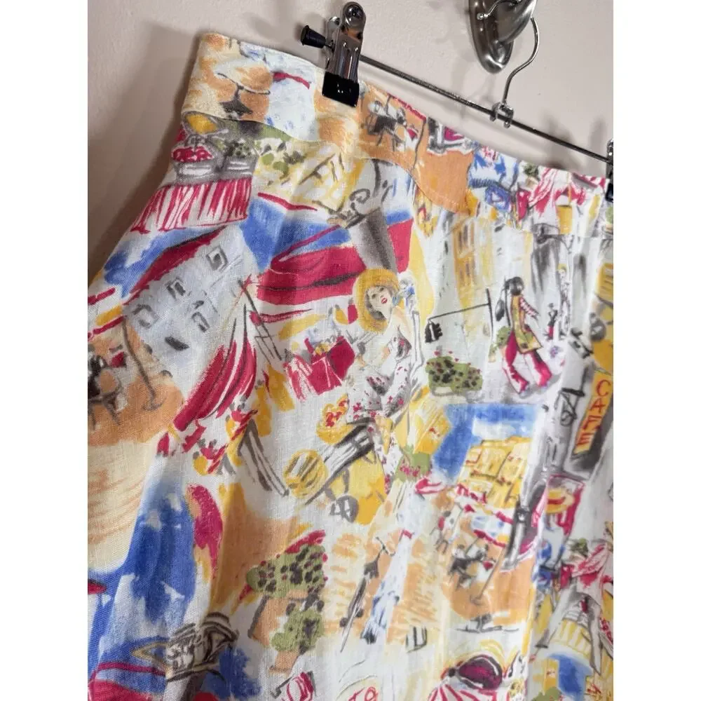 Liz Claiborne Womens Skirt Linen A Line Midi Novelty Print French 14 Coastal - Picture 3 of 9